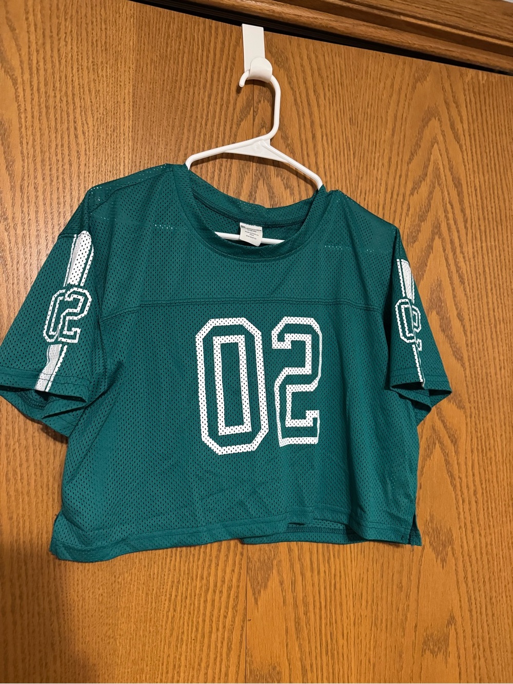 No Boundaries Teal Mesh Jersey Crop Top with White '02' Graphic